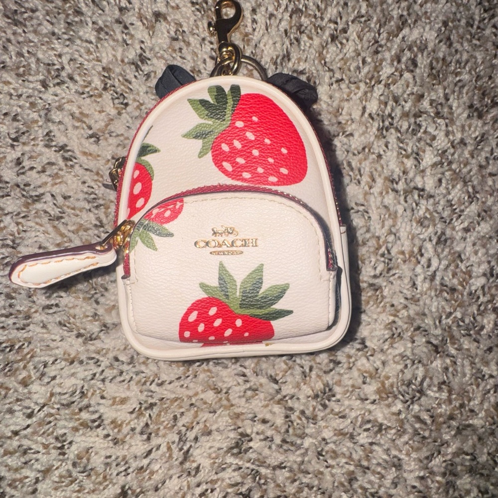 Coach Strawberry Mini Backpack Keychain - Cream, Red & Green